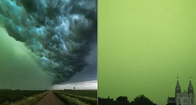 美国上空出现了十分少见的绿色天空，怪异的现象预示着什么吗？