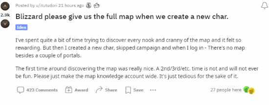 《暗黑4》玩家希望新角色继承地图数据：重新跑图太无聊