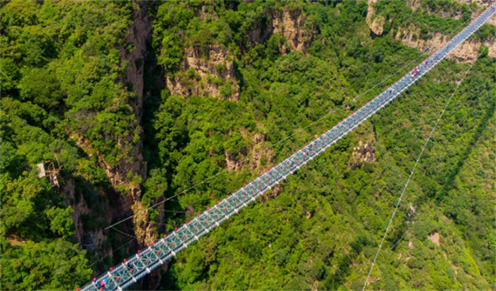 全球最大的悬跨式玻璃吊桥在哪里（石家庄的红崖谷景区之内）